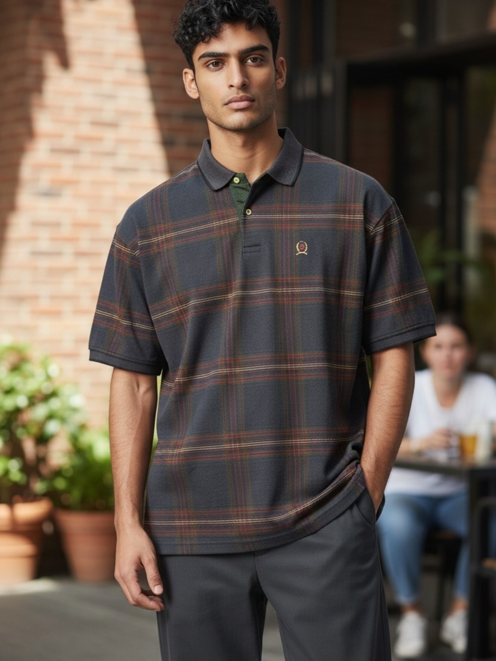 Vintage 90's Tommy Hilfiger Men's Navy Plaid Polo Shirt Size M - Picture 12 of 13